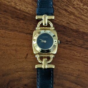 Vintage Women's Gucci Horsebit Watch - Black Leather Wristband with Gold Face